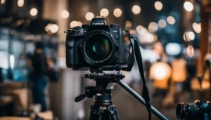 A camera mounted on a tripod positioned in a well-lit room, ready for photography or videography.